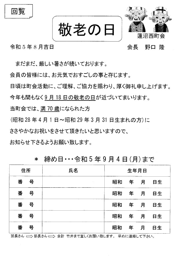 蓮沼西町会「敬老の日」のお祝い